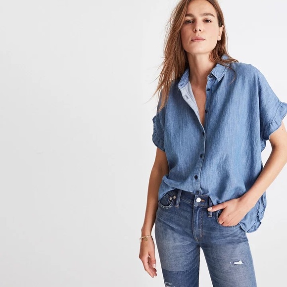 Madewell Tops - Madewell Central Shirt in Roberta Indigo Ruffle Oversized Chambray Size XL
